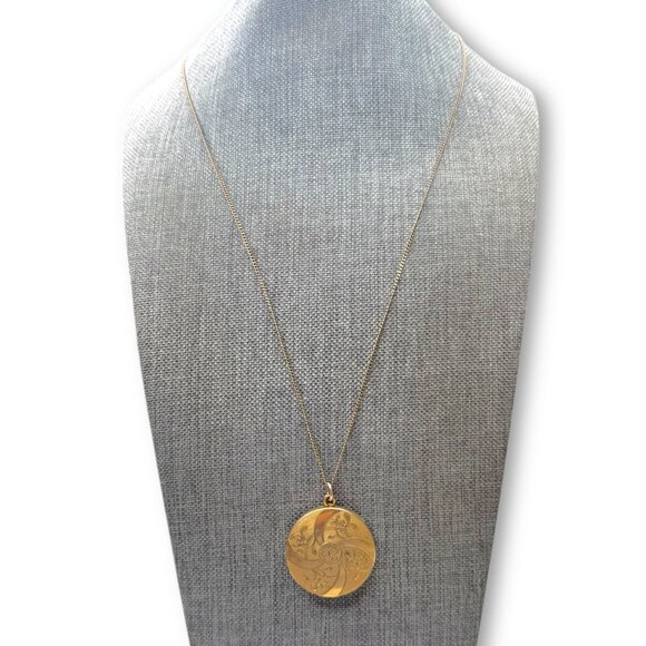 Victorian RBM Atrice Gold-Filled Engraved Locket Necklace 1915 Floral Design - Picture 1 of 8